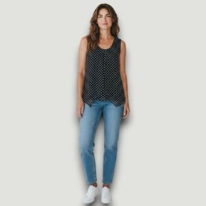 Susan Lawrence Womens Blouse XL Black White Polka Dot Sleeveless V-Neck Layered